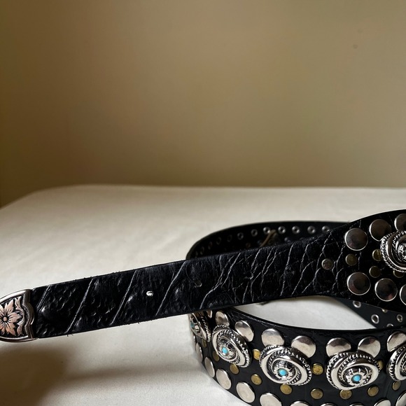 Vintage Nanni Italy Turquoise Concho Studded Leather Belt Black‎ Silver 95/38 - Picture 10 of 13